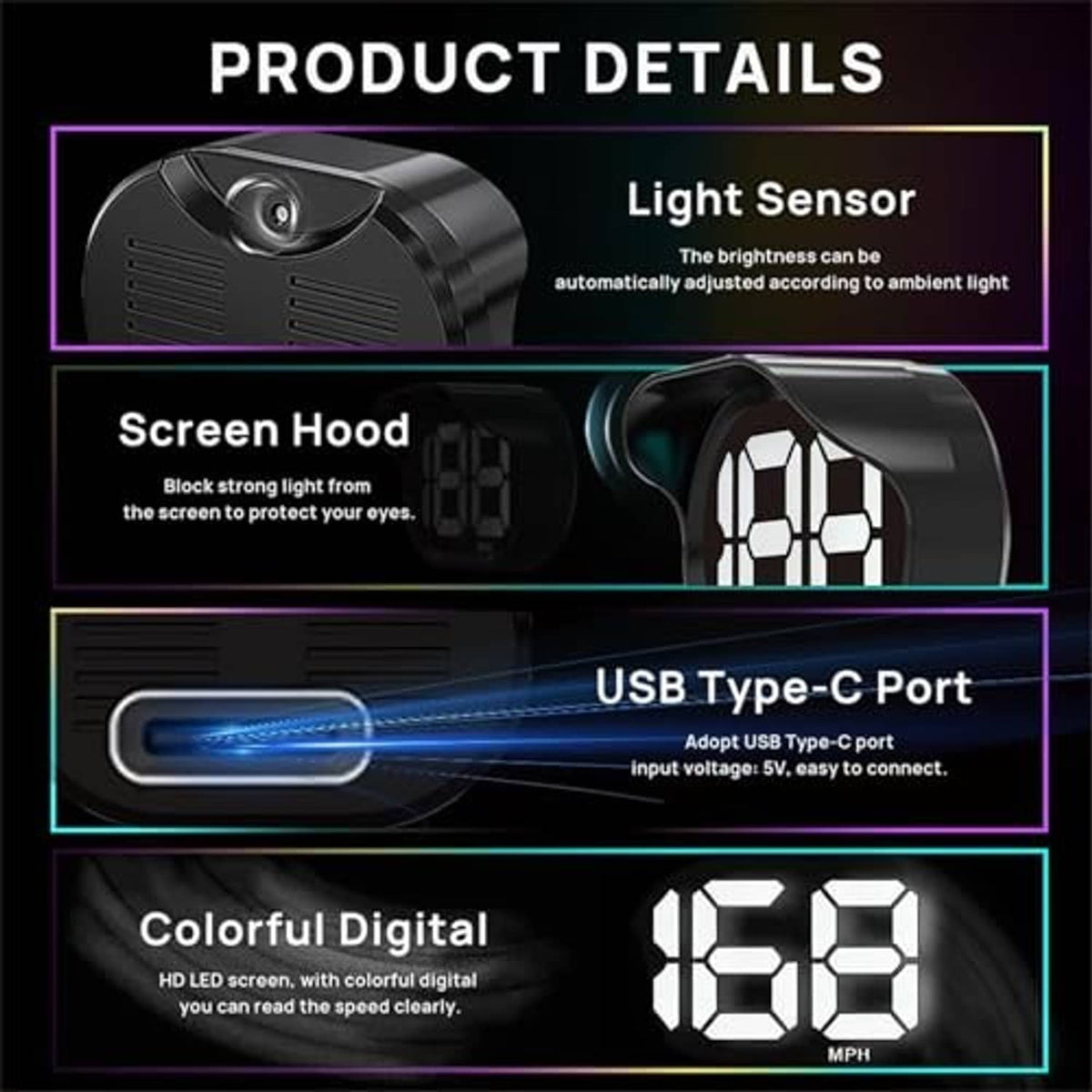 HUD speedometer details: light sensor, screen hood, USB Type-C port