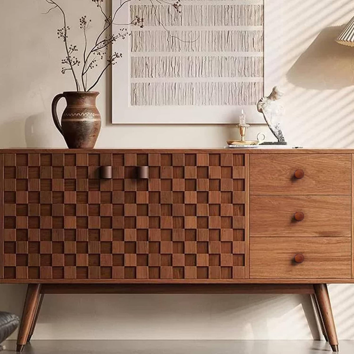 Brown wood dresser knobs on cabinet drawers, small domed mushroom pulls