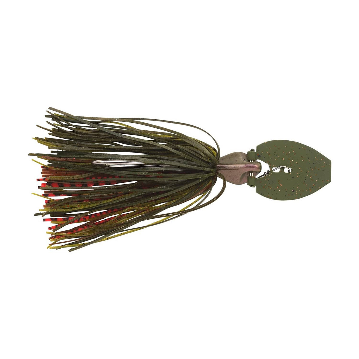 Olive green bladed jig with red-and-black skirt and wide metal blade