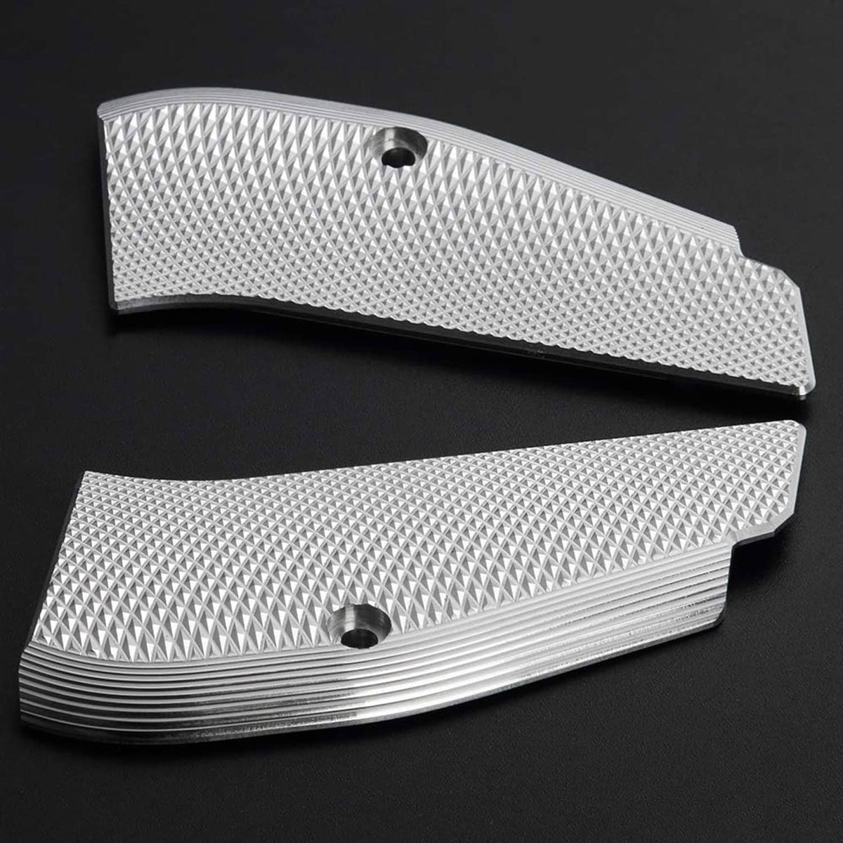 Curved aluminum grip panels with diamond checkered pattern, two screw holes and ridged edge