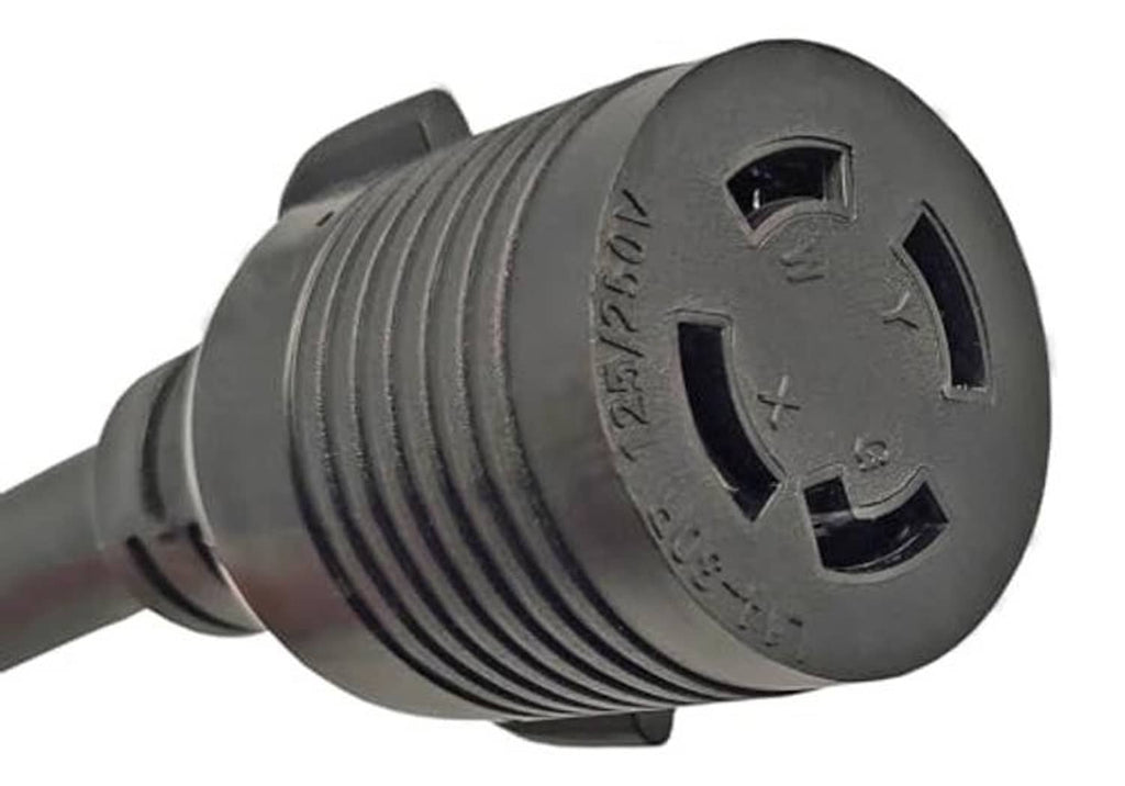 Black generator receptacle end with locking keyway opening on adapter plug
