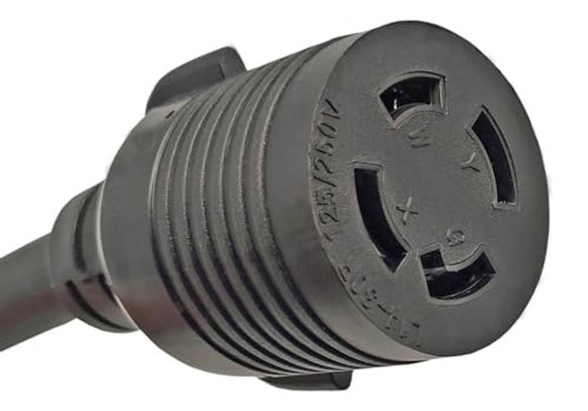 Black generator receptacle end with locking keyway opening on adapter plug