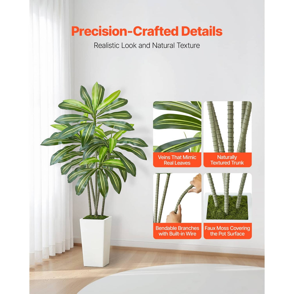 Artificial dracaena tree with fan-like green leaves in a white pot, full shape