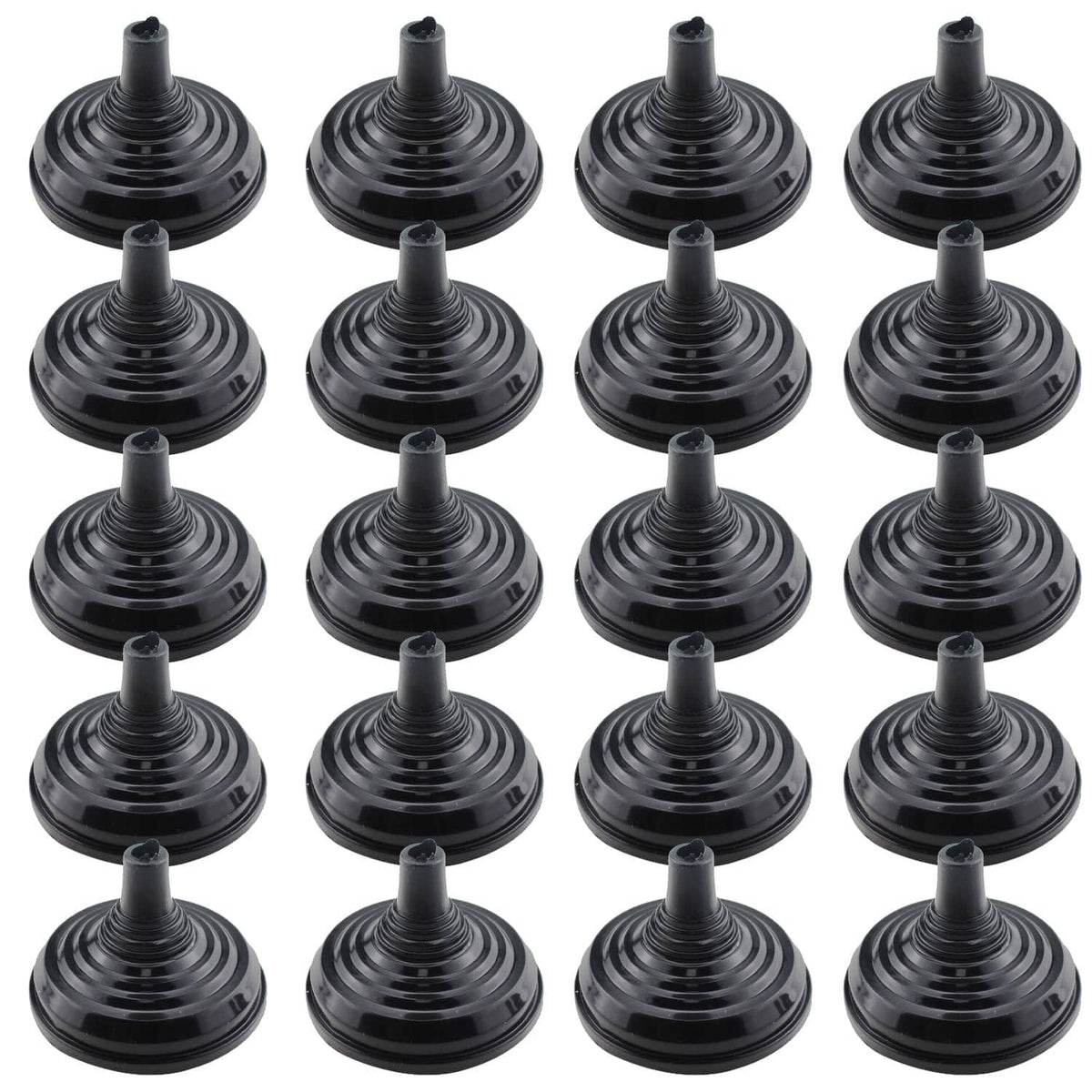 Set of 20 black plastic table flag pole bases with ridged conical design