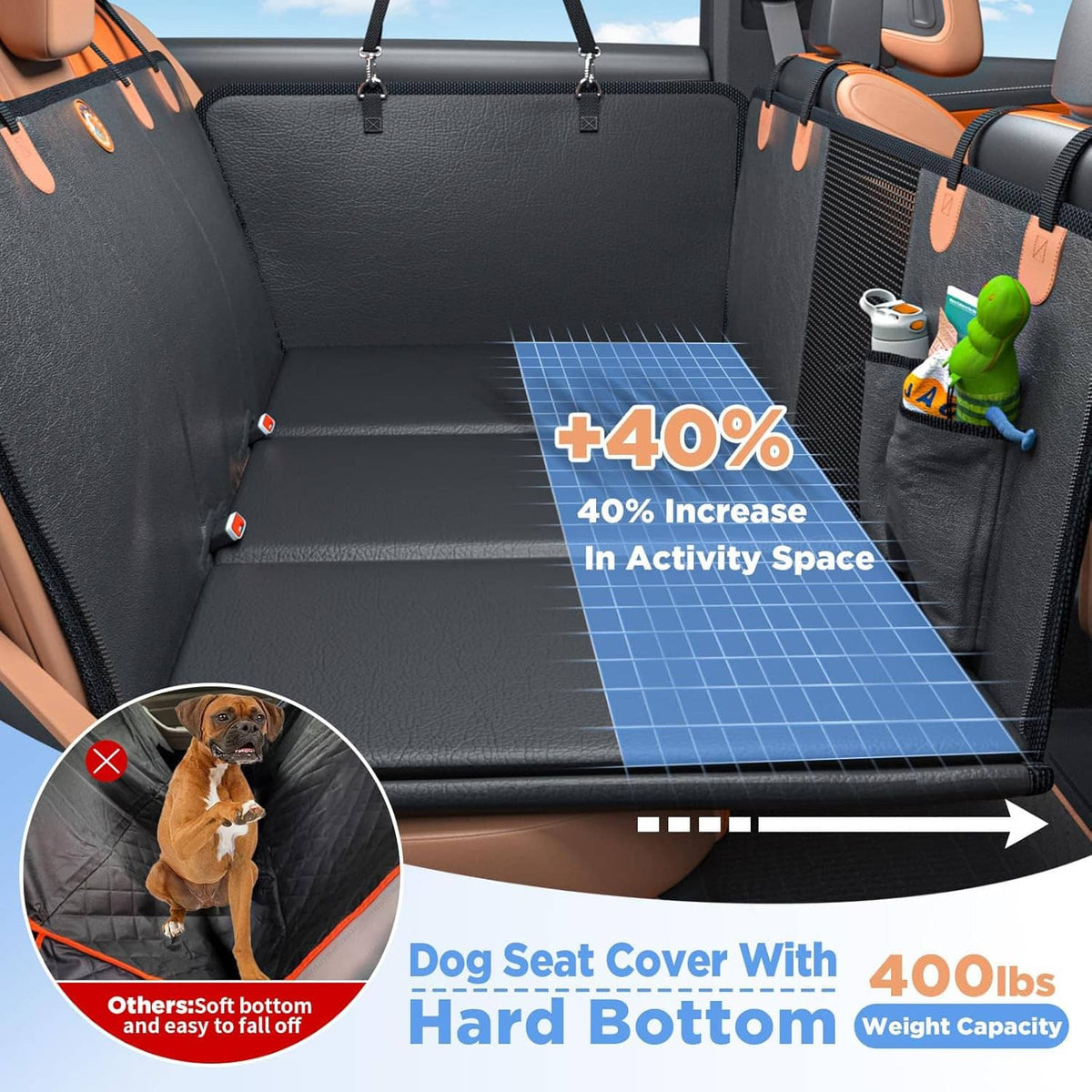 Waterproof back seat dog extender cover with black base and mesh side pocket for pet items