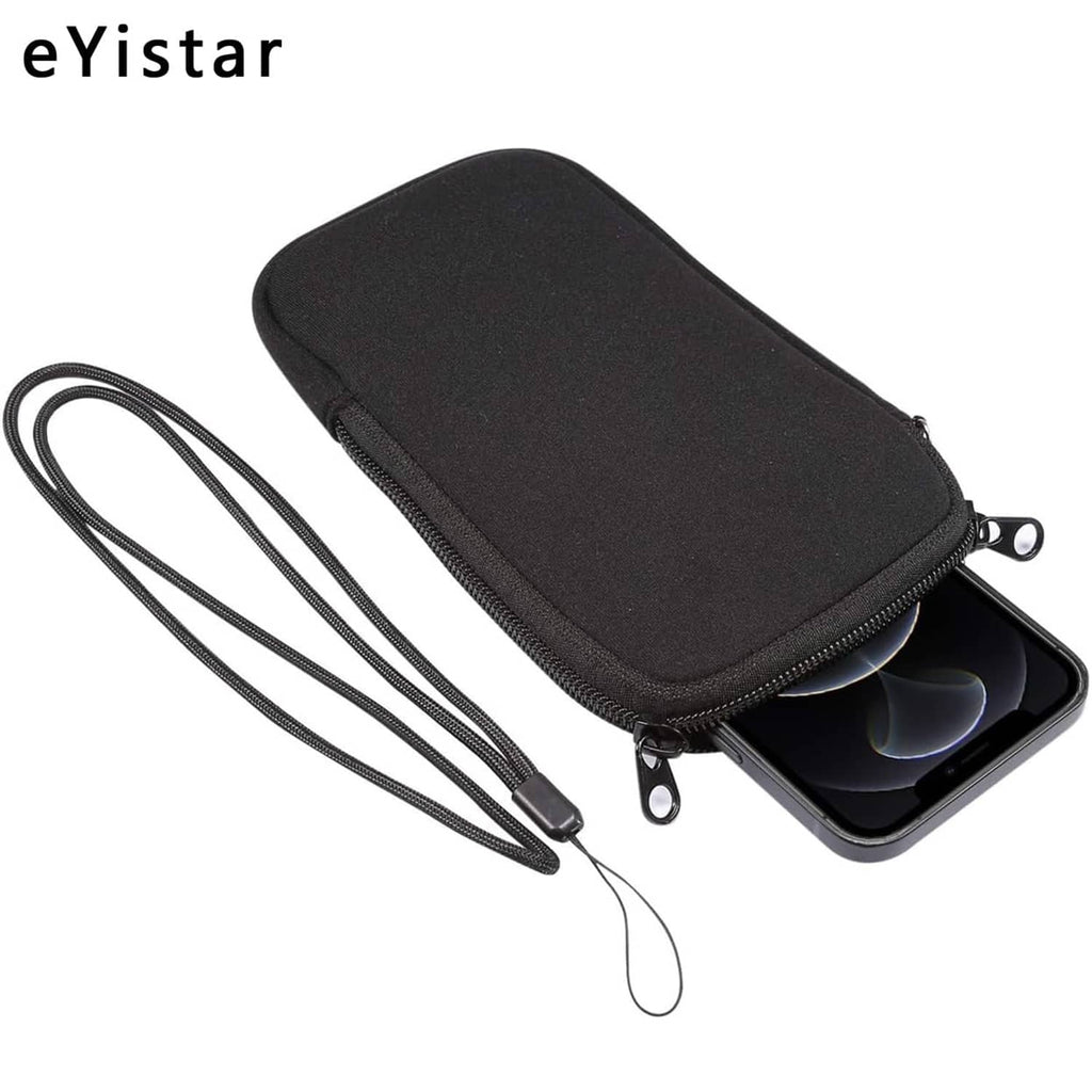 Black zippered neoprene phone sleeve pouch with wrist/hand lanyard cord