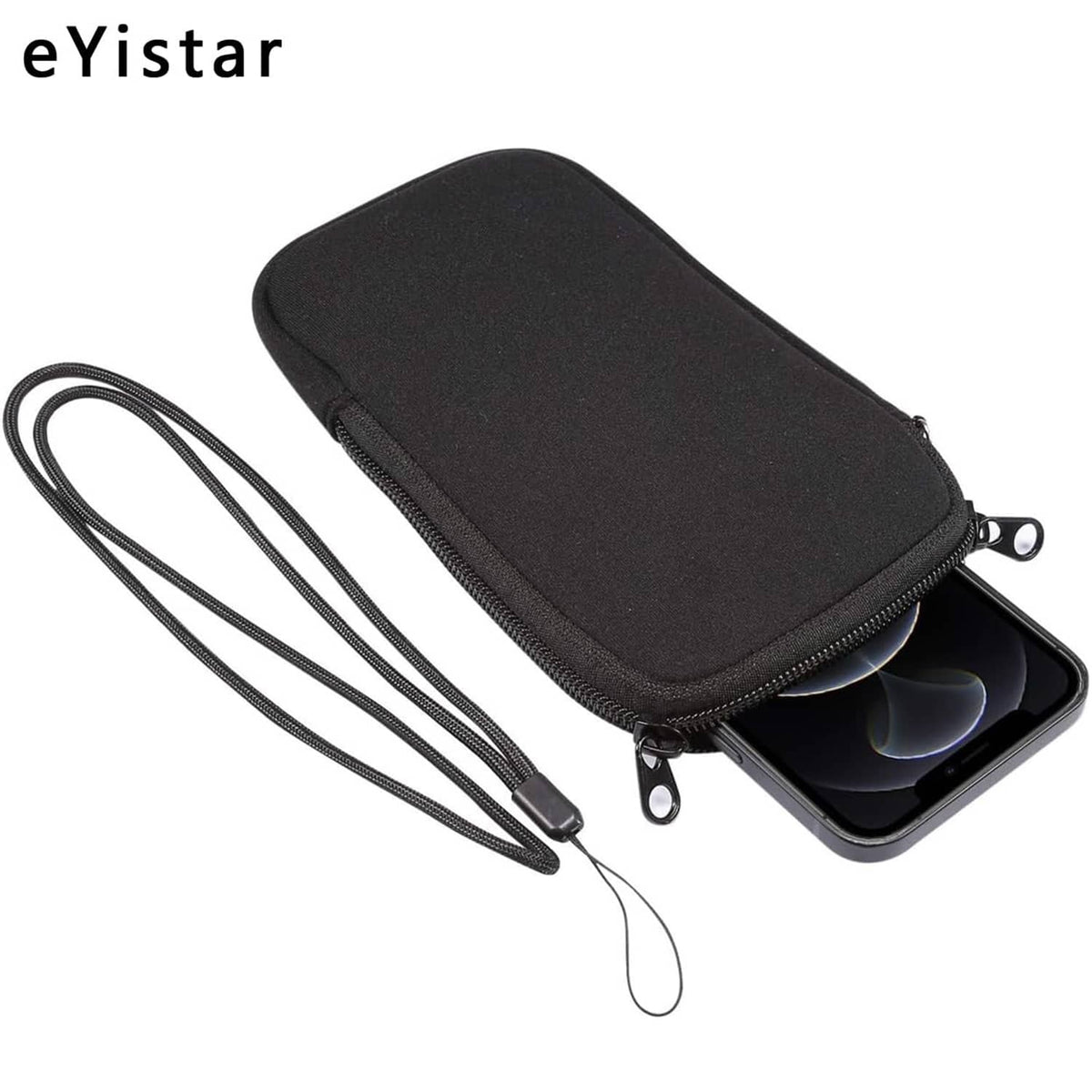 Black zippered neoprene phone sleeve pouch with wrist/hand lanyard cord