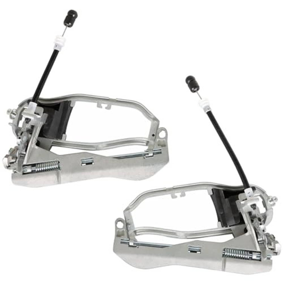 Two chrome outside door handle carriers showing black actuator rods and springs