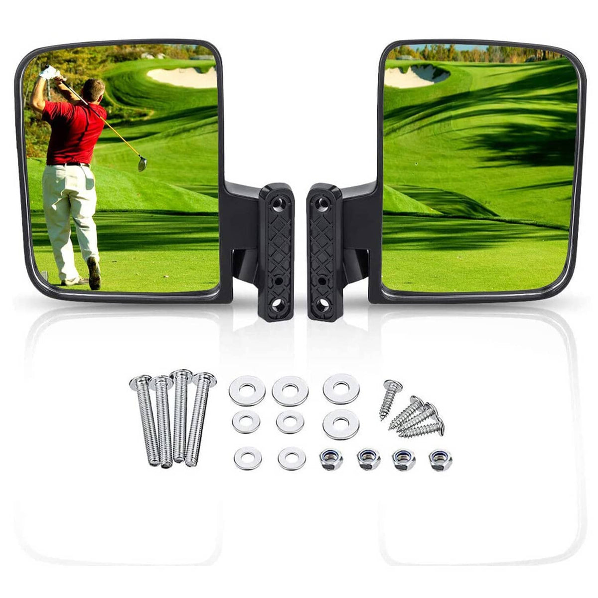 No-drill golf cart side mirror pair with mounting hardware and bracket plates
