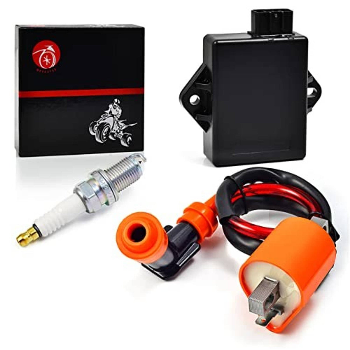 CDI ignition coil kit with black box, spark plug, orange sensor, and red wire