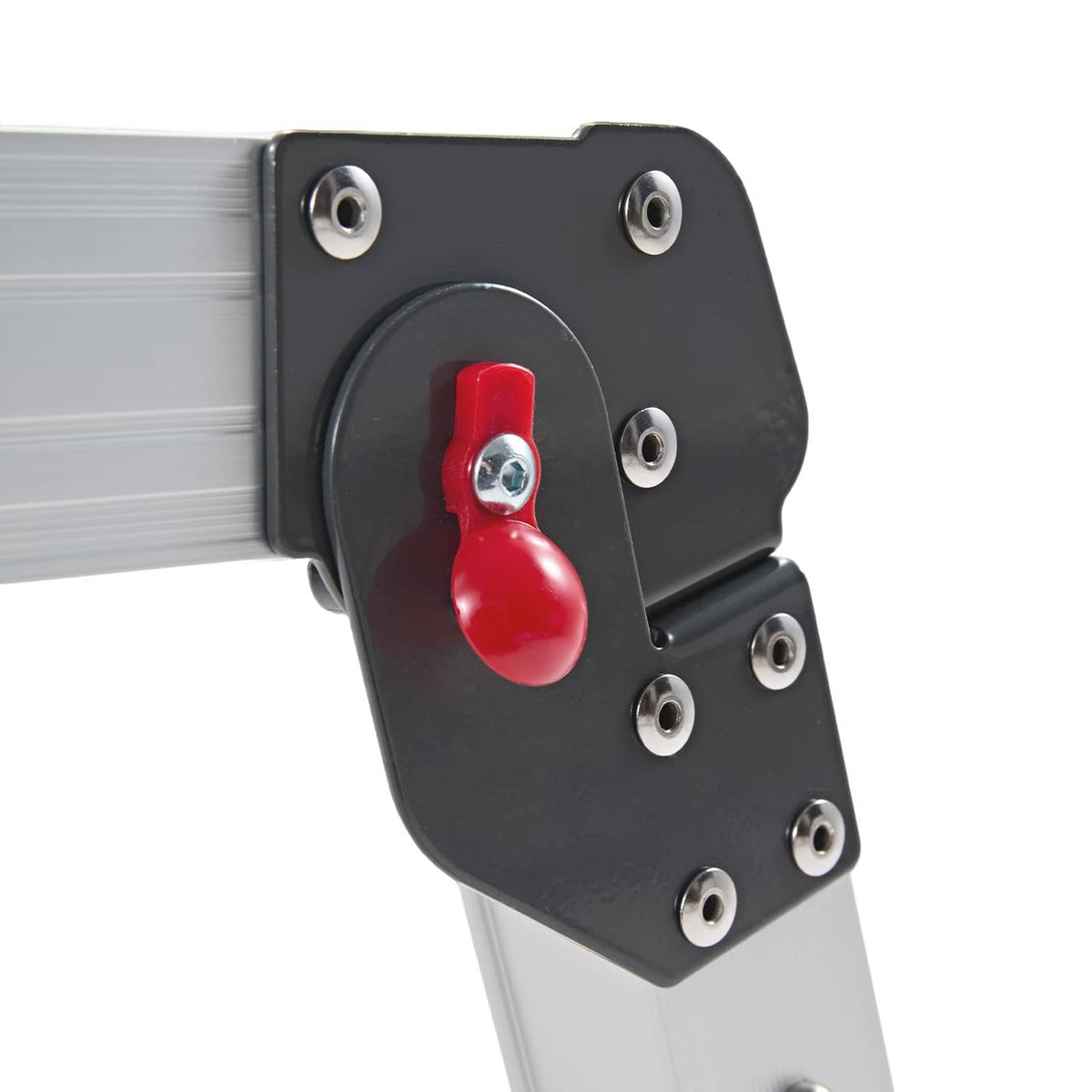 Folding platform locking hinge with red release handle and metal bolts