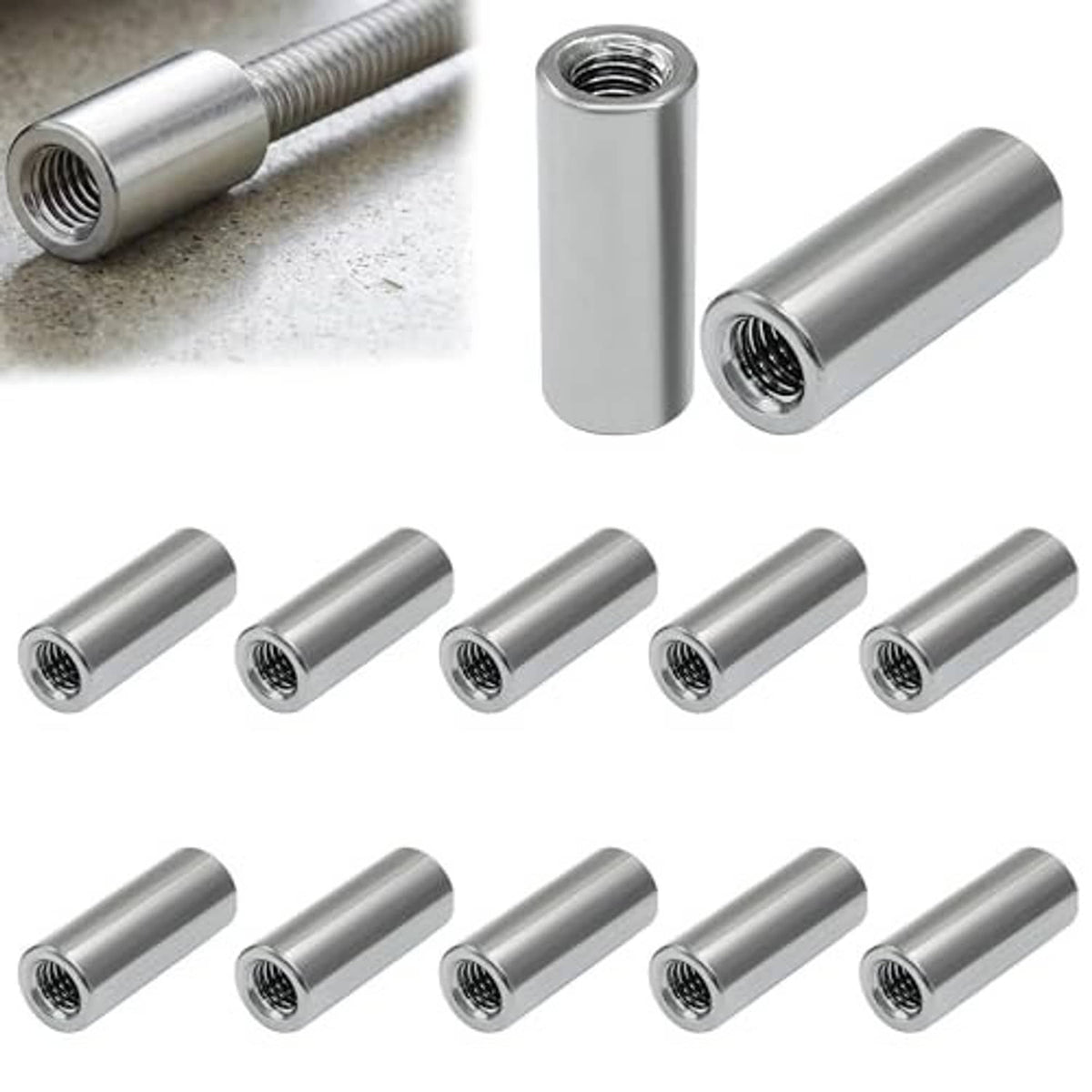 Pack of 12 stainless steel M6 threaded coupling sleeves, cylindrical with internal threads