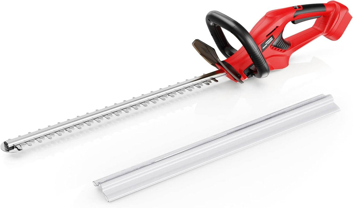 Cordless hedge trimmer with red housing, black handle, and long cutting blade with cover