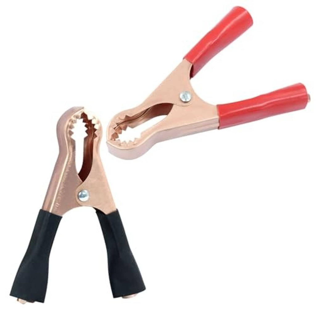 Copper alligator clip with red insulated grips, spring action clamp jaws