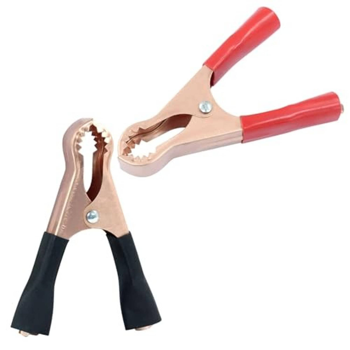 Copper alligator clip with red insulated grips, spring action clamp jaws