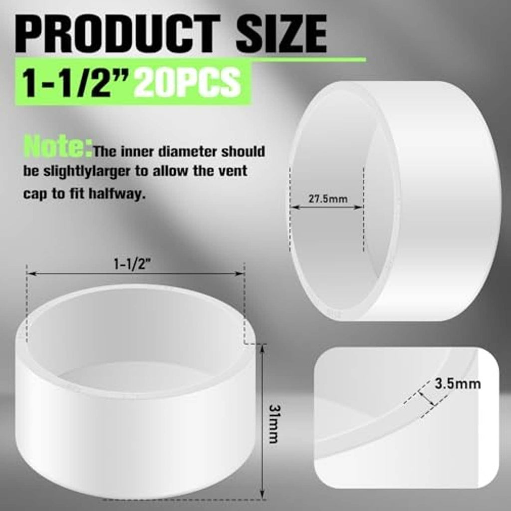 White PVC pipe end cap with size diagram for 1-1/2 in fitting