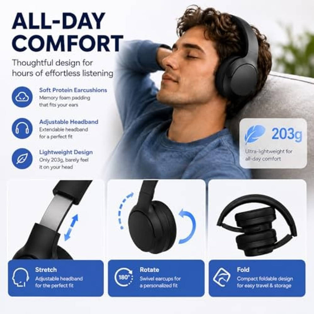 Comfort-fit over-ear headphones worn by person, padded headband and ear cups