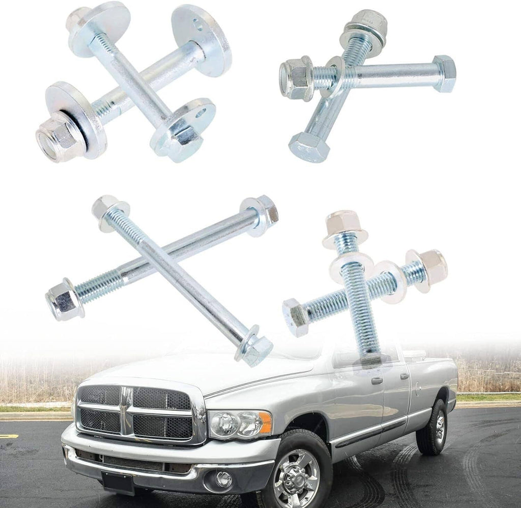 Front control arm cam bolt hardware kit: four silver bolts with washers and nuts