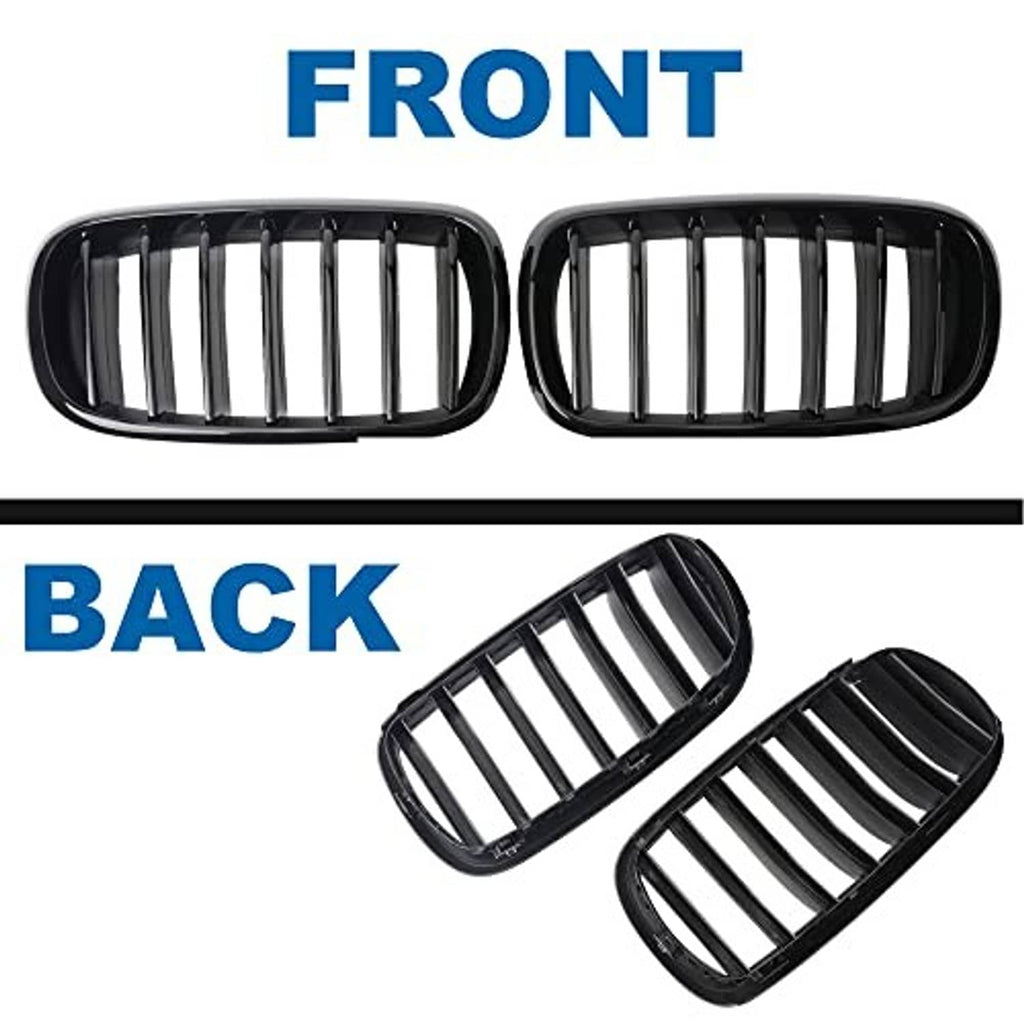 Front and back view of gloss black kidney grilles with single vertical slat openings.