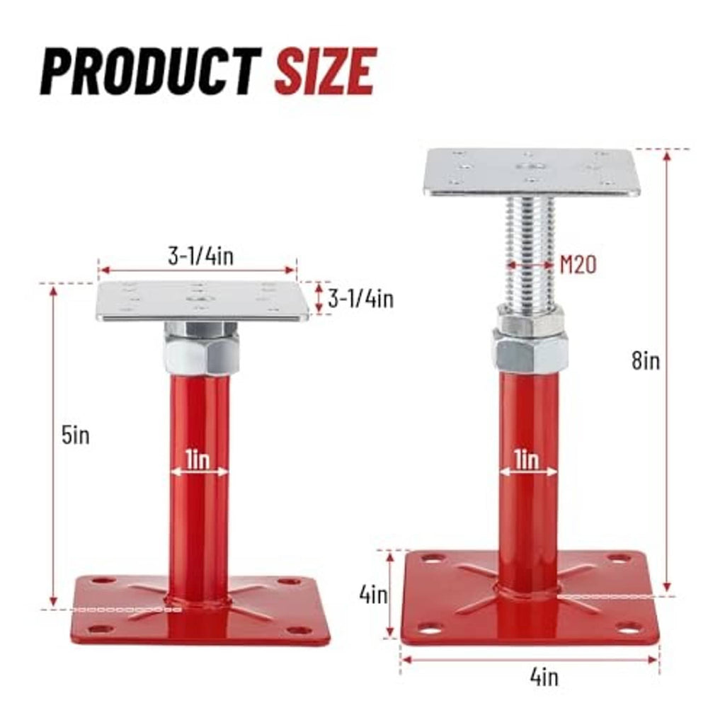 Red adjustable foundation floor jack with square top plate and bolt-hole base plate