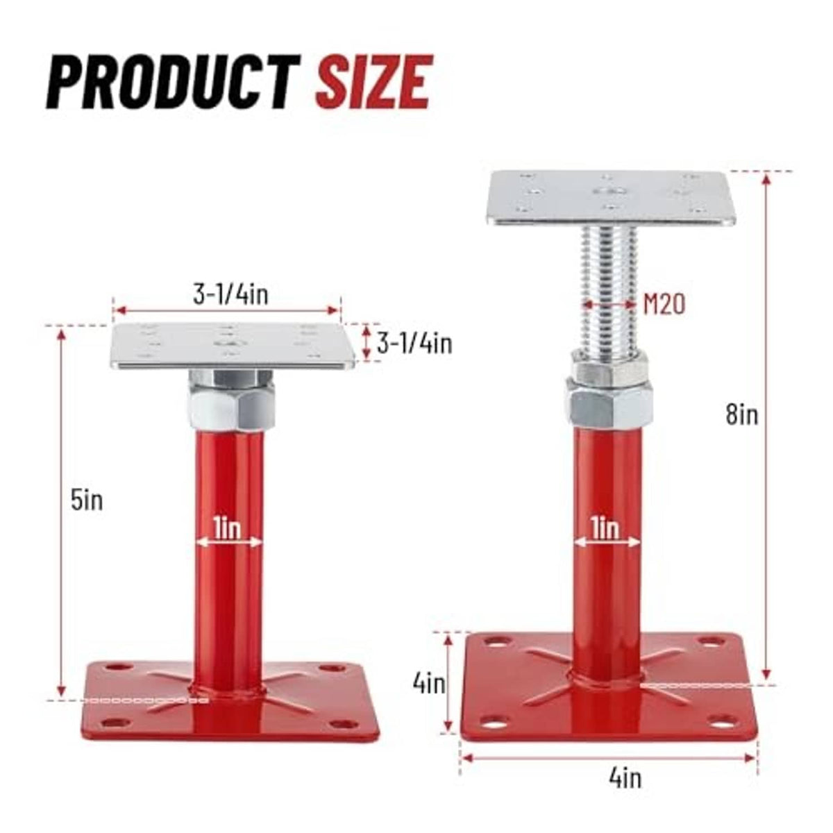 Red adjustable foundation floor jack with square top plate and bolt-hole base plate