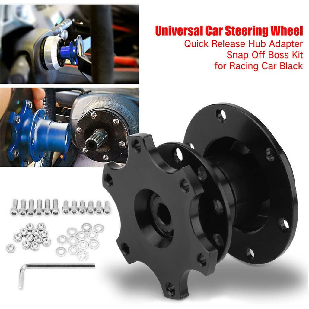 Universal steering wheel quick release hub adapter snap-off kit, black plates and bolts