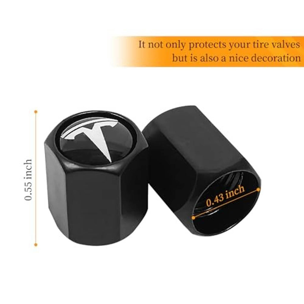 Two black tire valve stem caps with white logo, shown side by side