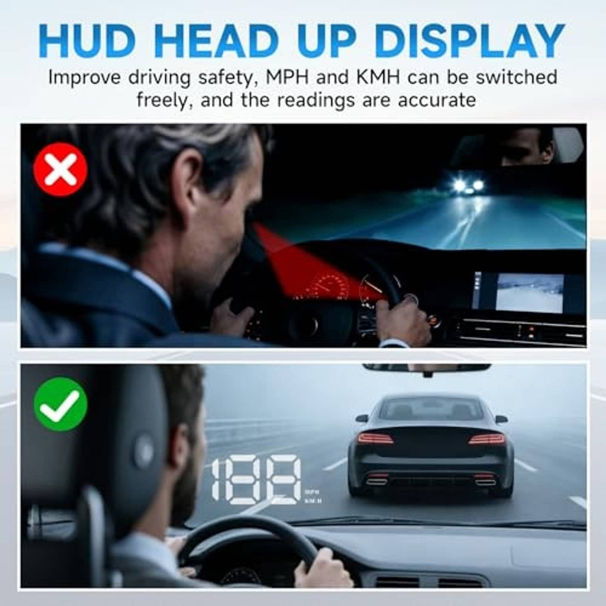 Black head-up display speedometer projecting digits toward the windshield view