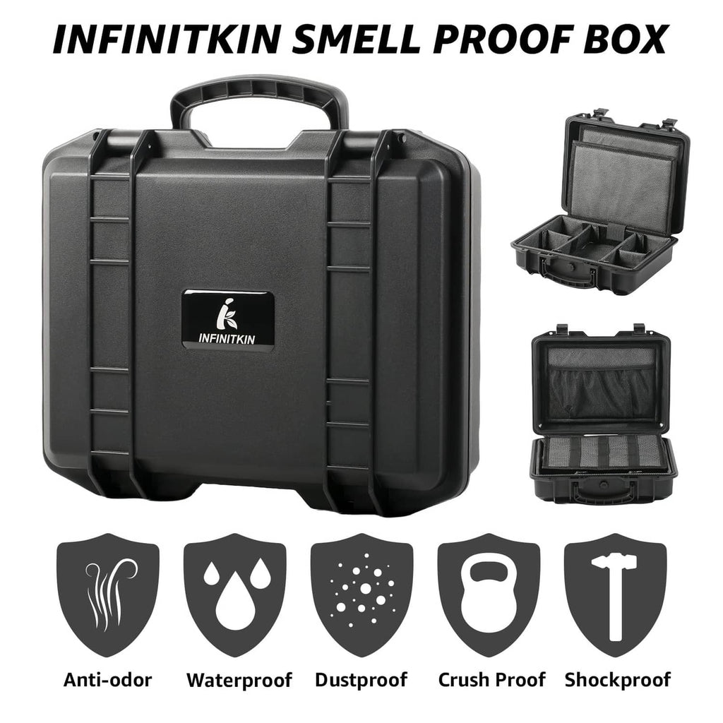 Black smell-proof storage case with handle, shown closed and side open view