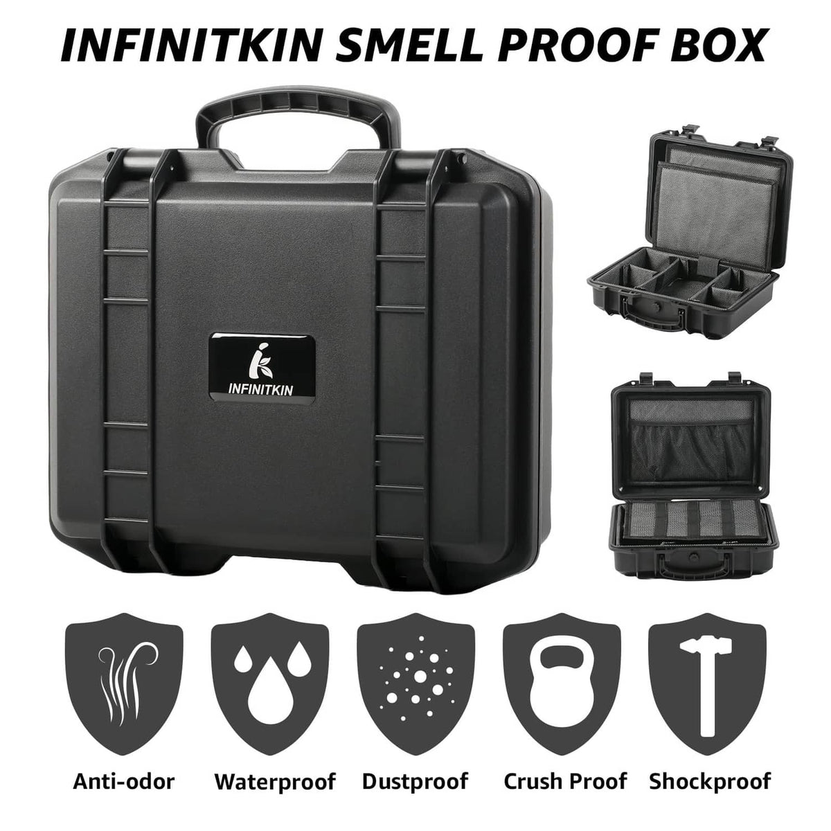 Black smell-proof storage case with handle, shown closed and side open view