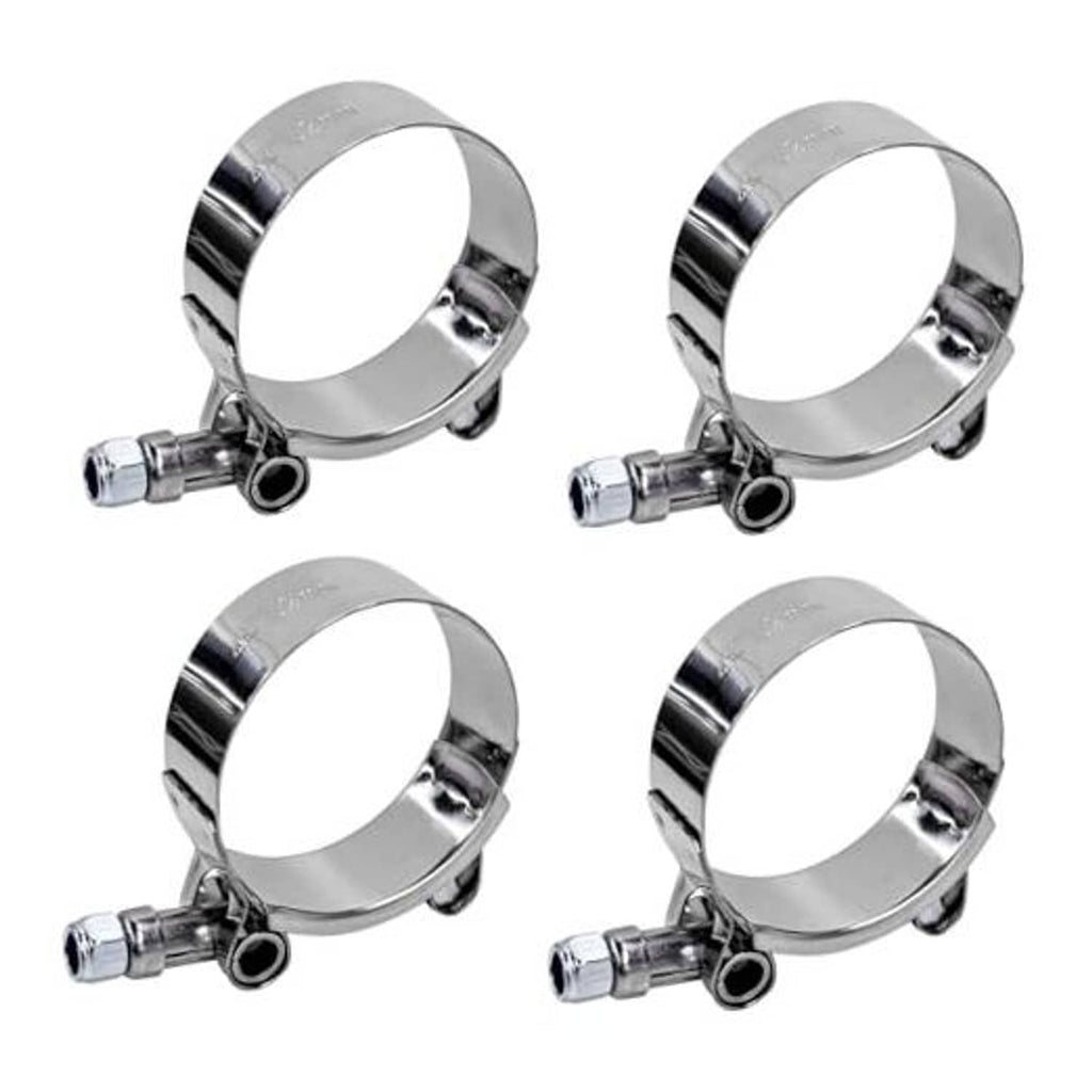 Set of T-bolt hose clamps with round metal bands and bolt housings, 4-pack