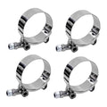 Set of T-bolt hose clamps with round metal bands and bolt housings, 4-pack