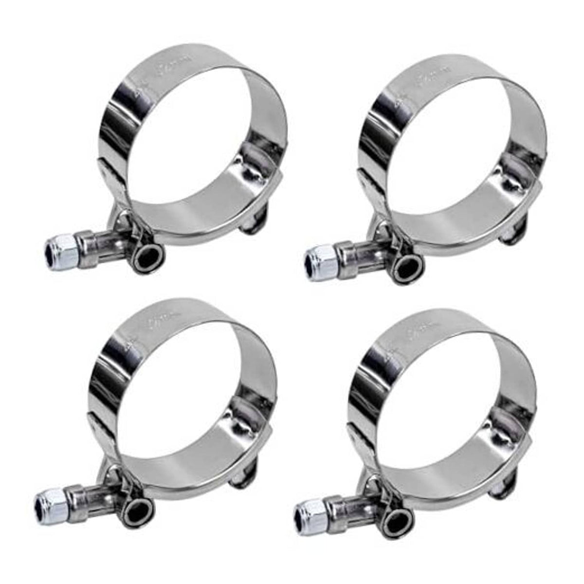 Set of T-bolt hose clamps with round metal bands and bolt housings, 4-pack