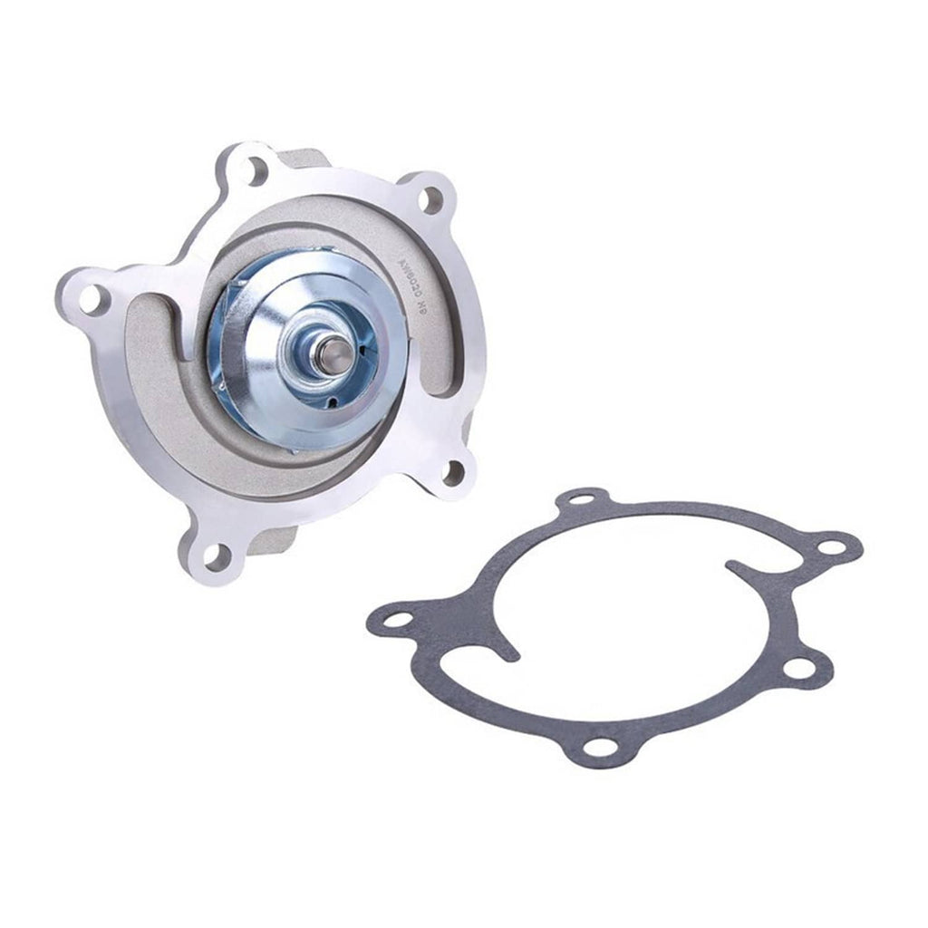 Water pump with impeller and gasket, silver housing with bolt holes and sealed plate