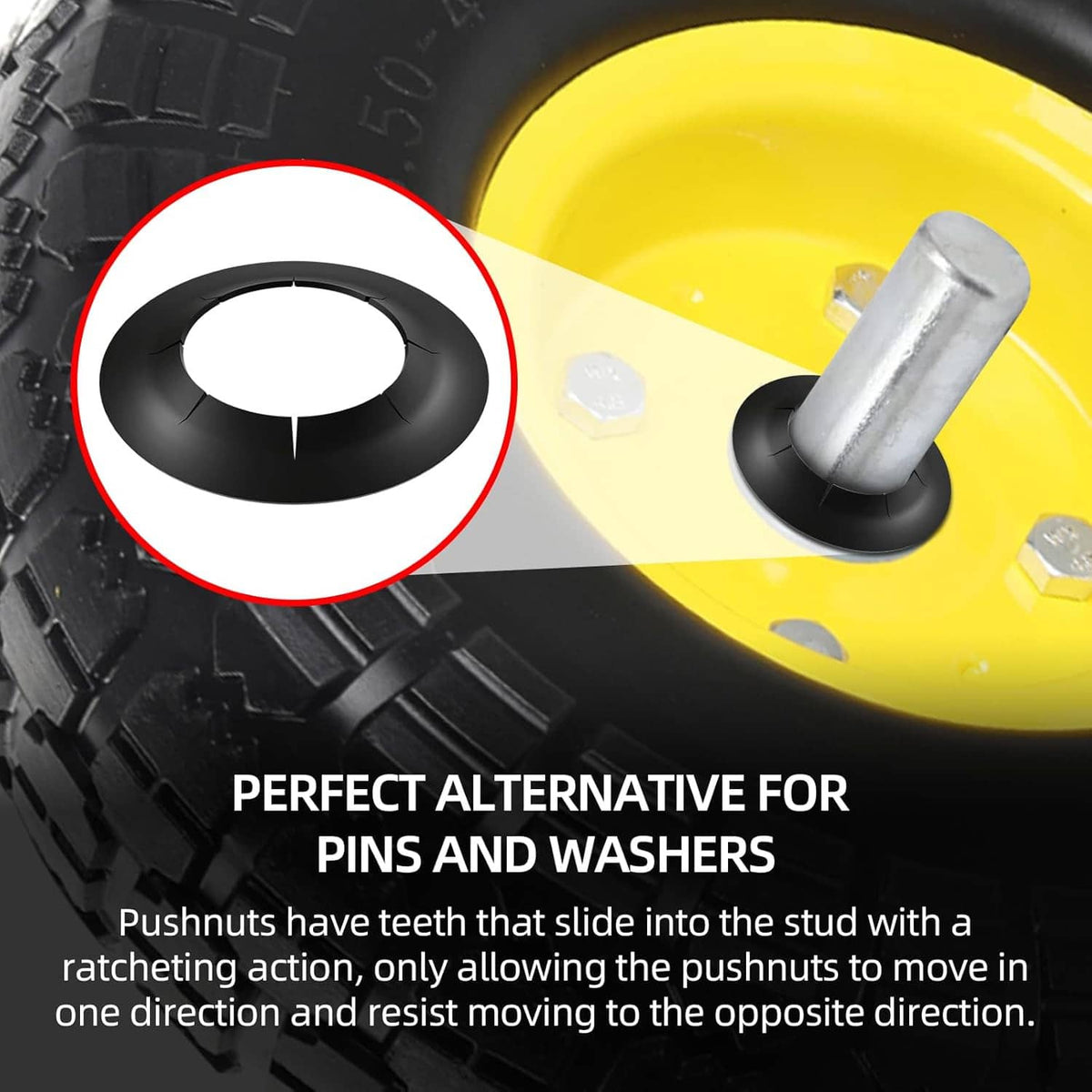 Black push-on pushnut lock washer with toothed edge and center opening, shown close-up