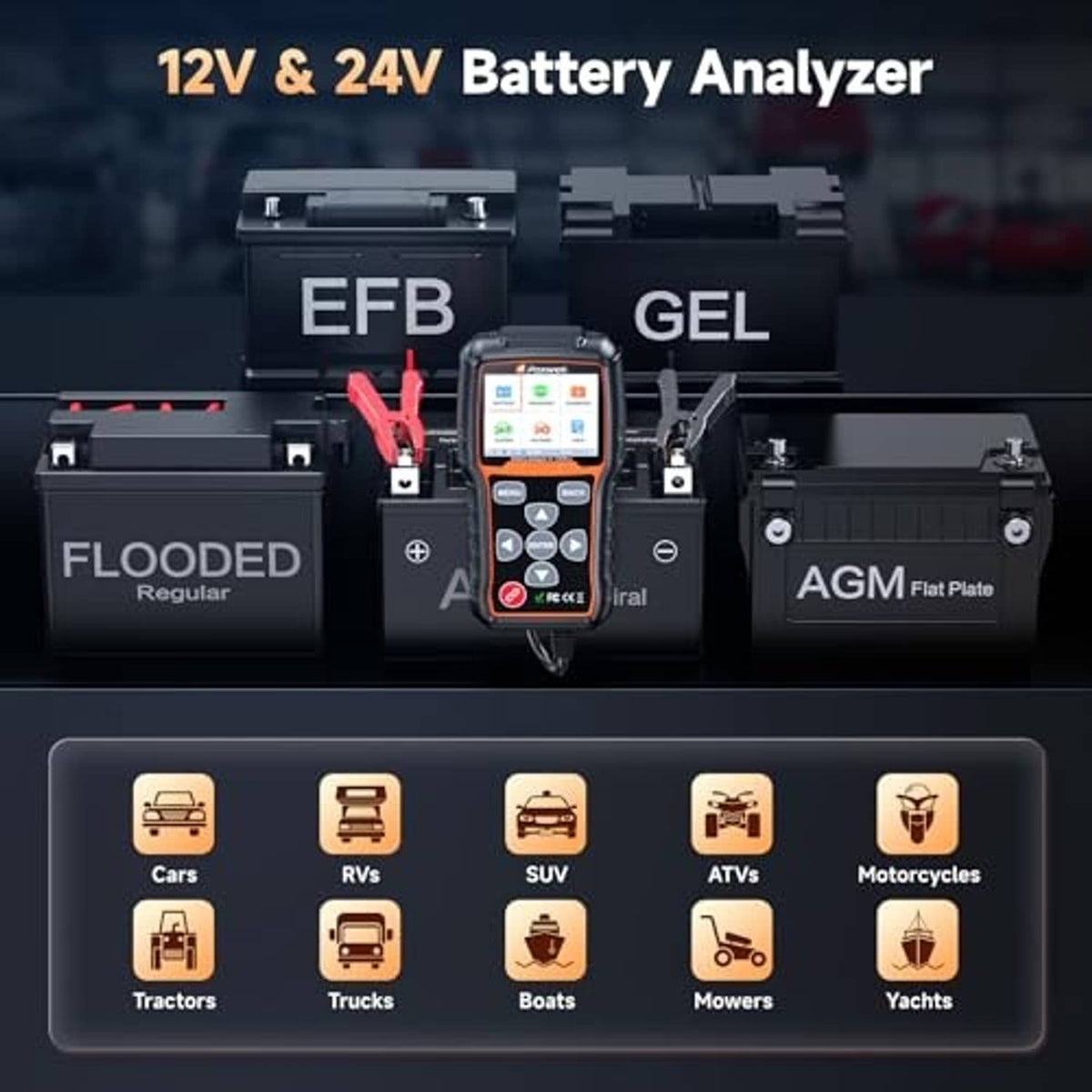 Car battery tester displaying supported battery types, black and orange handheld unit