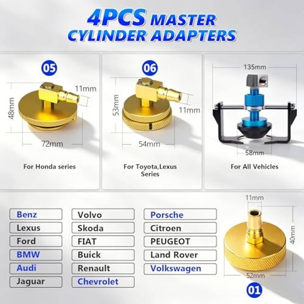 Four gold master cylinder adapters for brake bleeding kit
