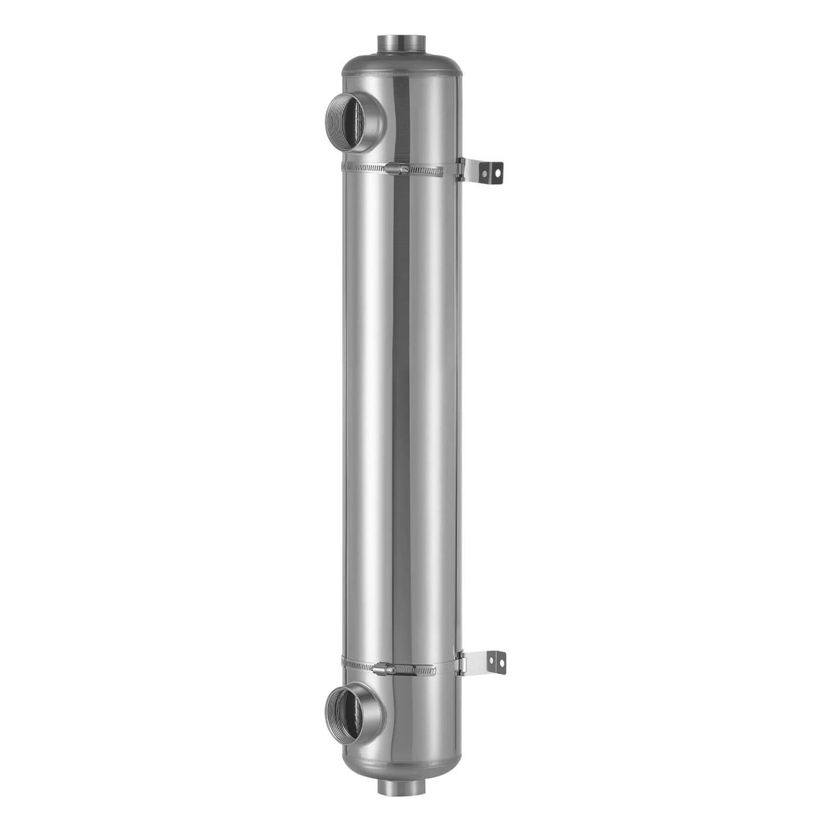 Stainless steel vertical heat exchanger canister with inlet and outlet ports