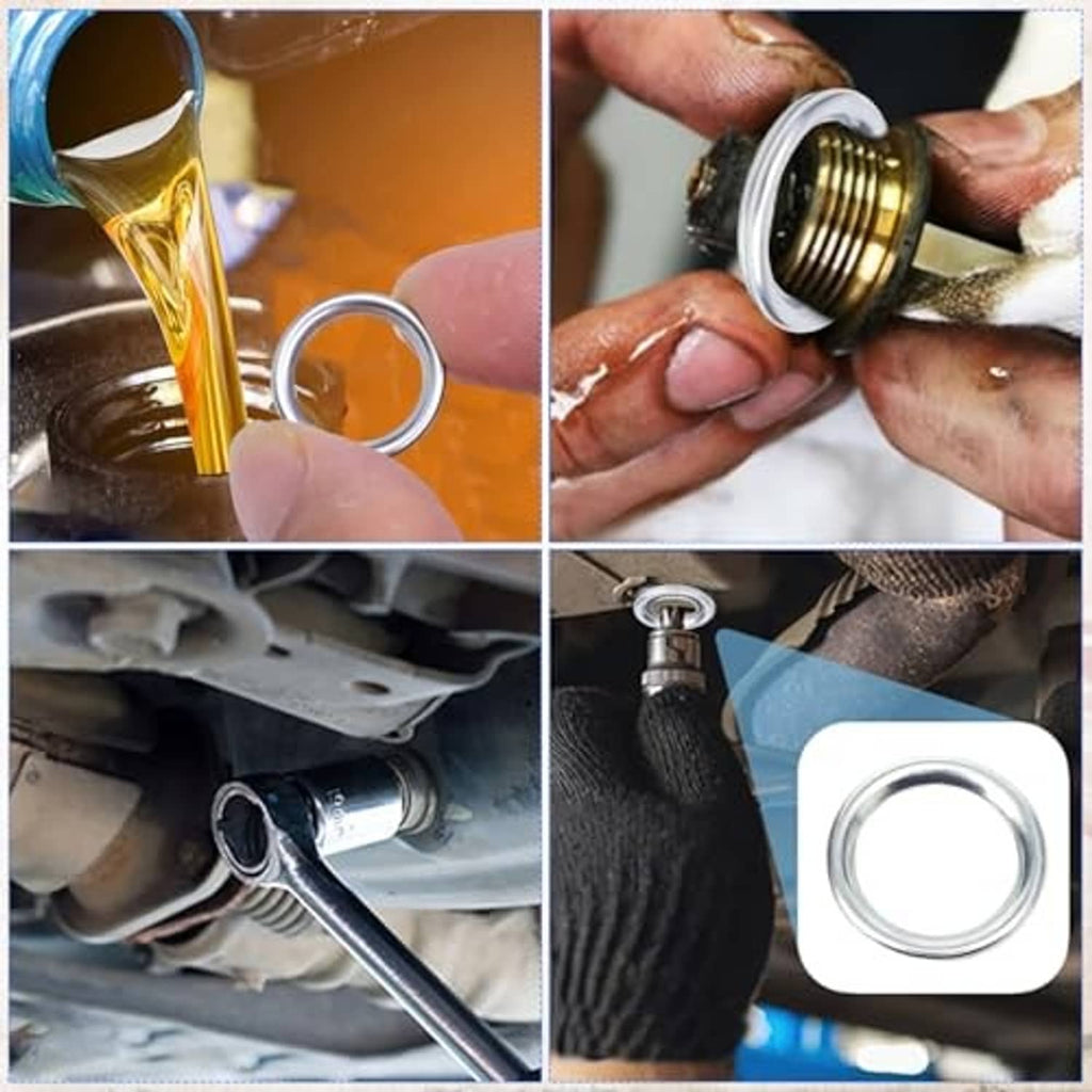 Oil drain plug crush washer ring detail, silver metal with pictured installation