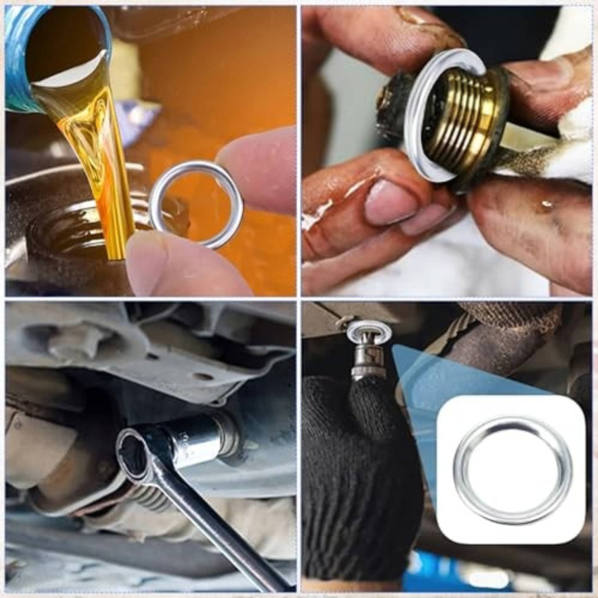 Oil drain plug crush washer ring detail, silver metal with pictured installation