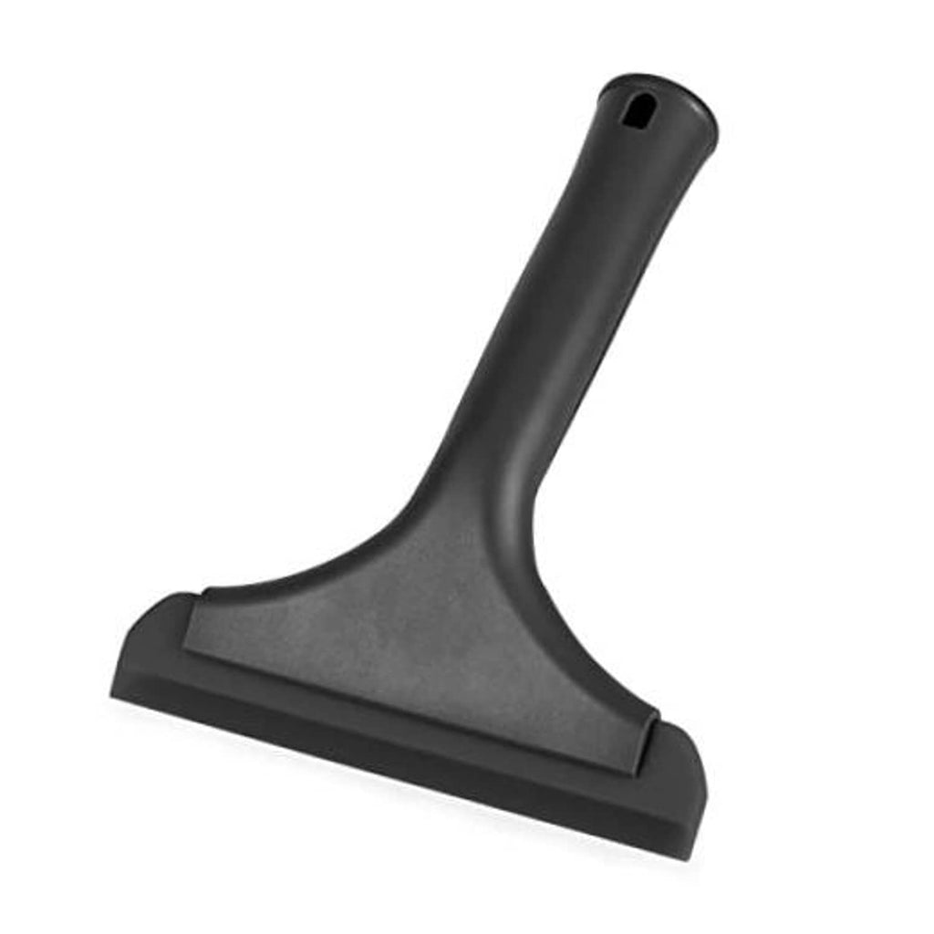 Black silicone squeegee with curved handle and flat rubber blade for smooth drying.