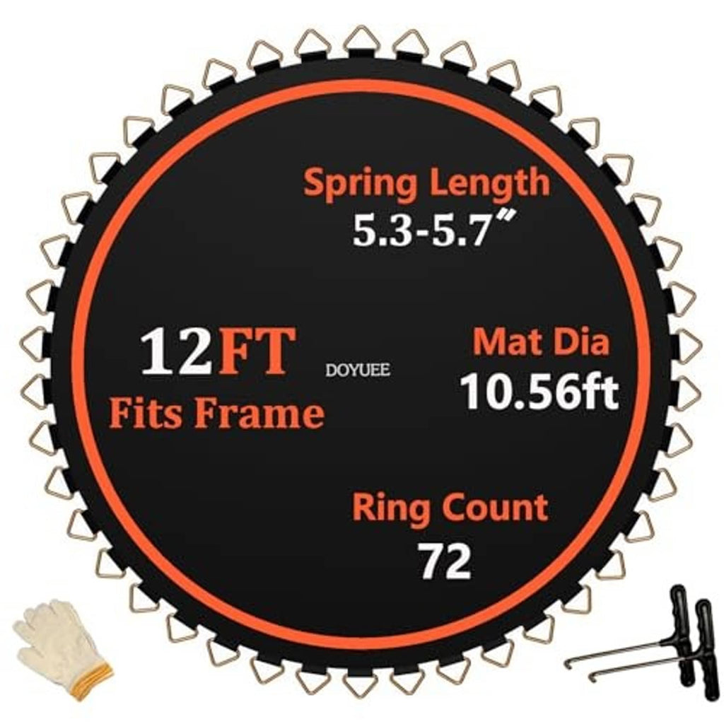 Black trampoline mat with orange border; spring length 5.3–5.7", 72 rings, 12ft fit.