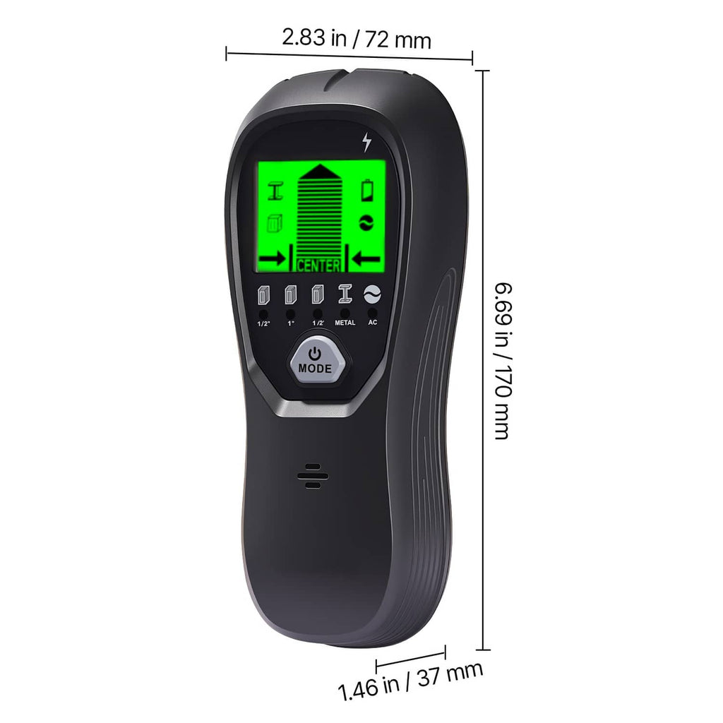 Black wall scanner with green LCD and size measurement overlay