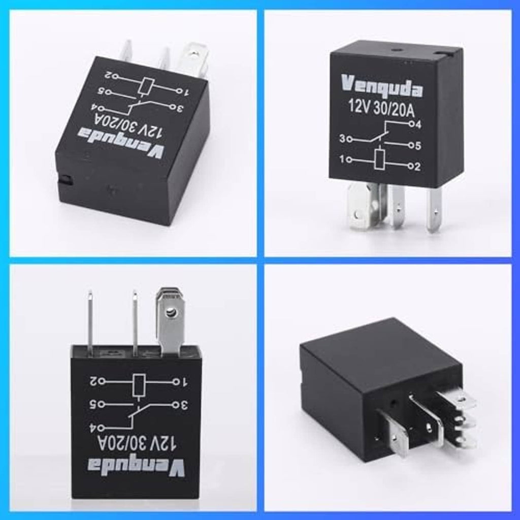 Black 5-pin 12V automotive relay shown from multiple angles with metal mounting pins