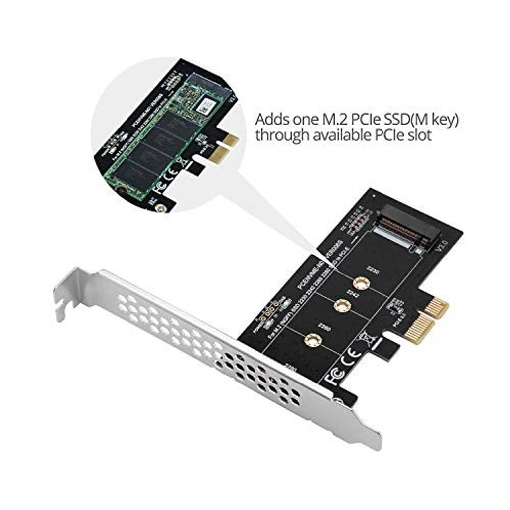 PCIe adapter card with metal bracket and M.2 NVMe SSD slot for PCIe expansion