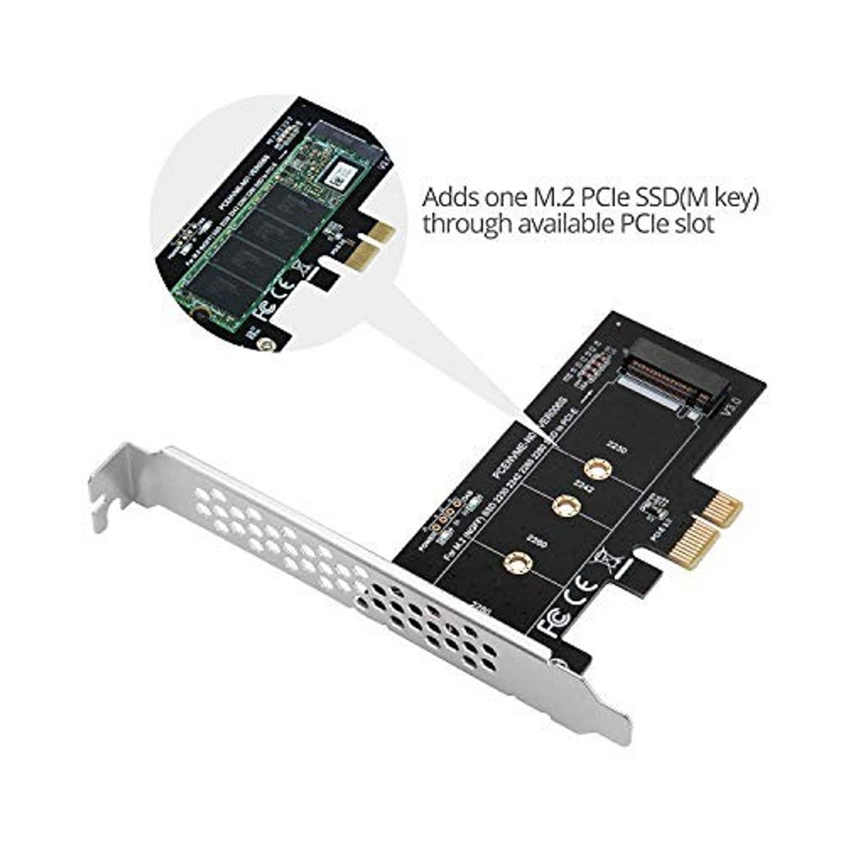 PCIe adapter card with metal bracket and M.2 NVMe SSD slot for PCIe expansion