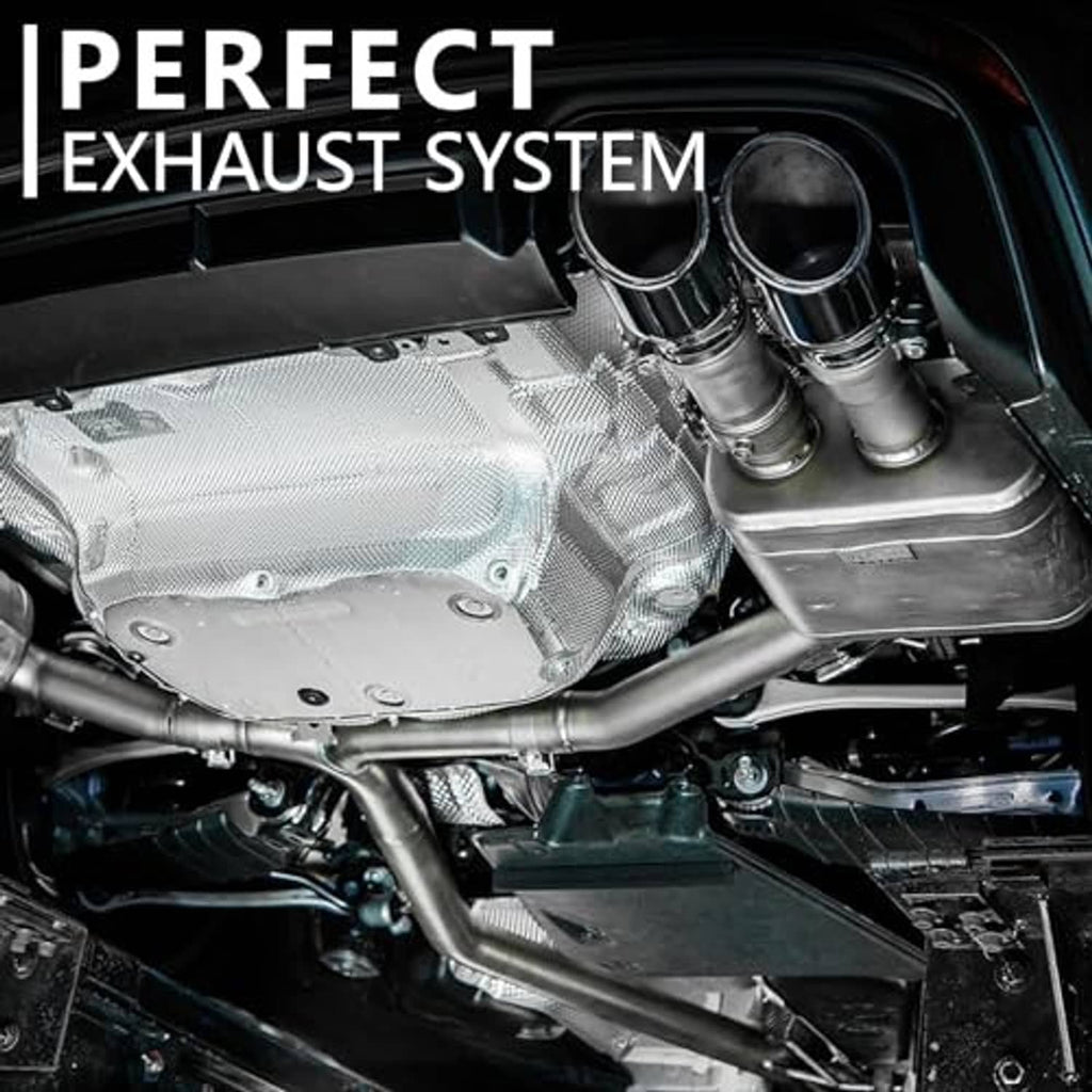 Stainless exhaust system under vehicle, including a straight tube section with black ends
