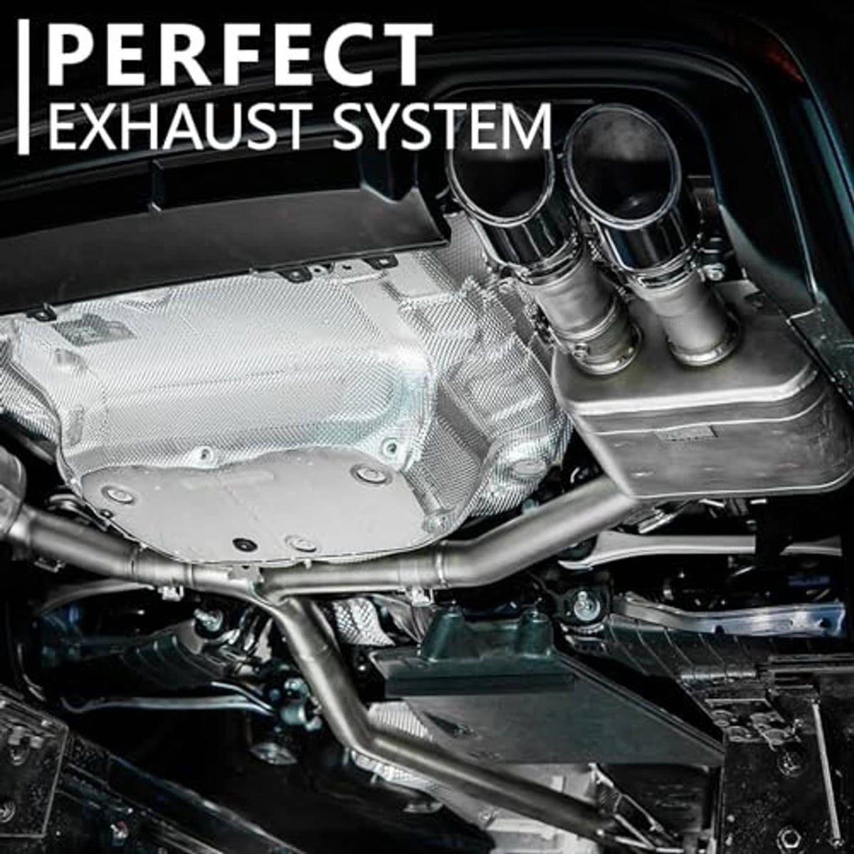 Stainless exhaust system under vehicle, including a straight tube section with black ends