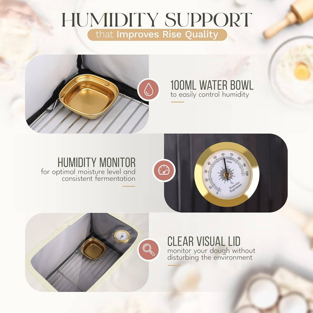Bread proofing box humidity monitor system with 100ml water bowl and clear lid view