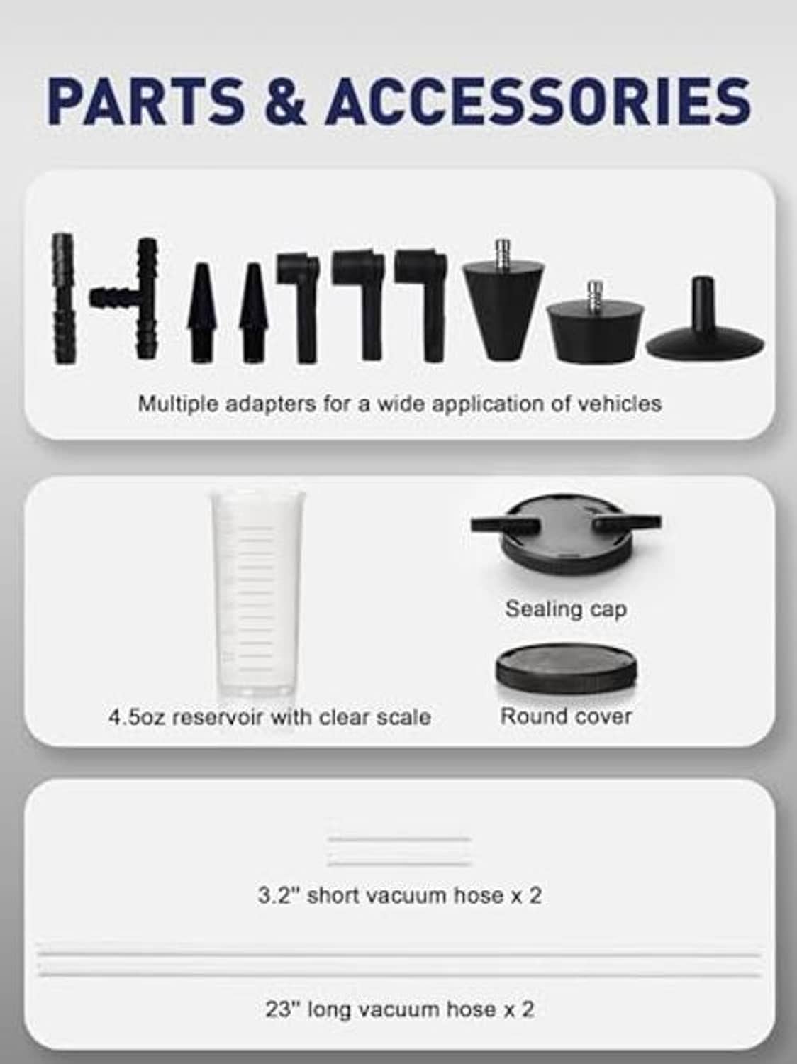 Brake bleeder kit accessories: multiple adapters, sealing caps, and short/long vacuum hoses